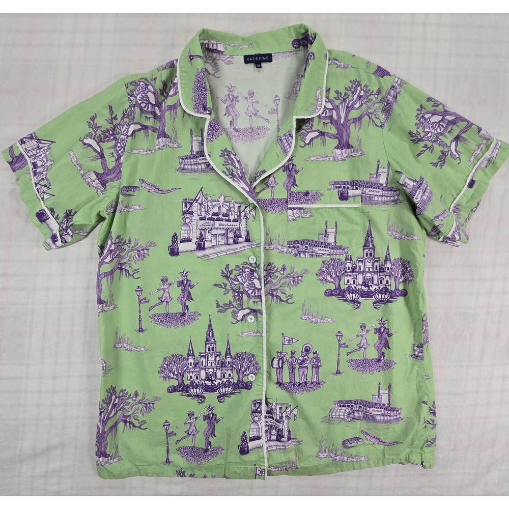 Katie Kime New Orleans Toile Pajama Top 100% Cotton Green Womens 2XL